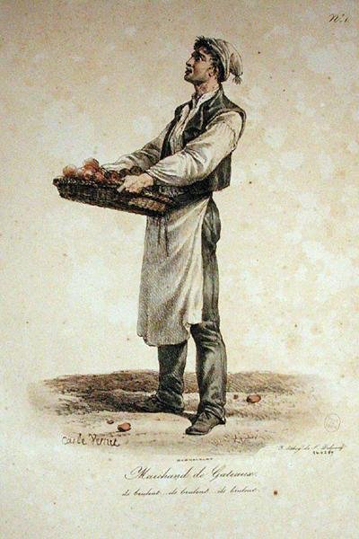 The Cake Seller, nummer 1 från The Cries of Paris-serien, graverad av Francois Seraphin Delpech (1778-1825) av Antoine Charles Horace Vernet