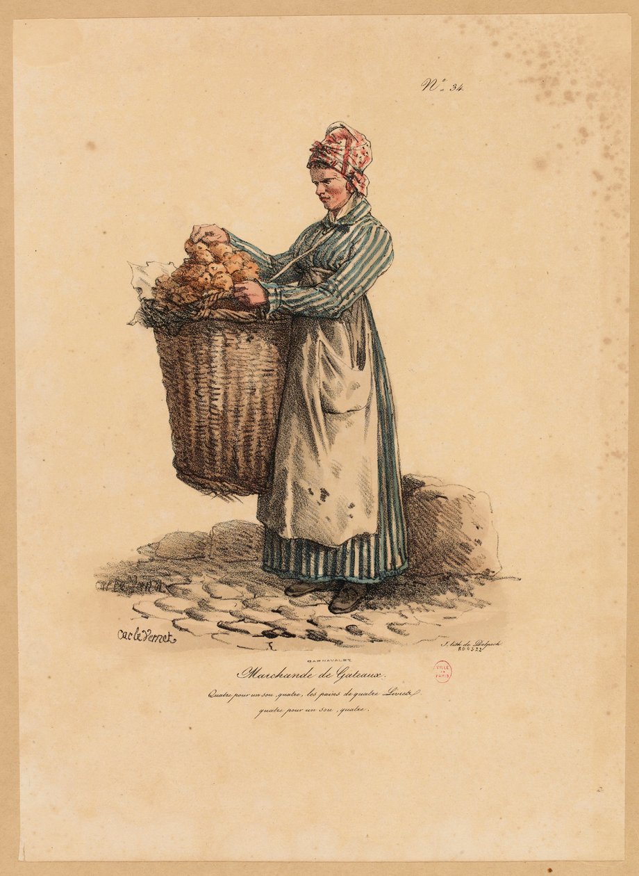 The Cake Seller, nummer 34 från The Cries of Paris-serien, graverad av Francois Seraphin Delpech (1778-1825) av Antoine Charles Horace Vernet