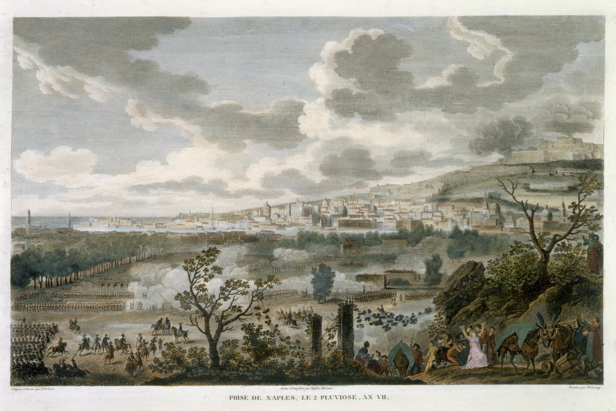 Intagandet av Neapel, 2 Pluviose, år 7 (23 januari 1799), graverat av Jean Duplessi-Bertaux (1747-1819) (akvatint) av Antoine Charles Horace Vernet