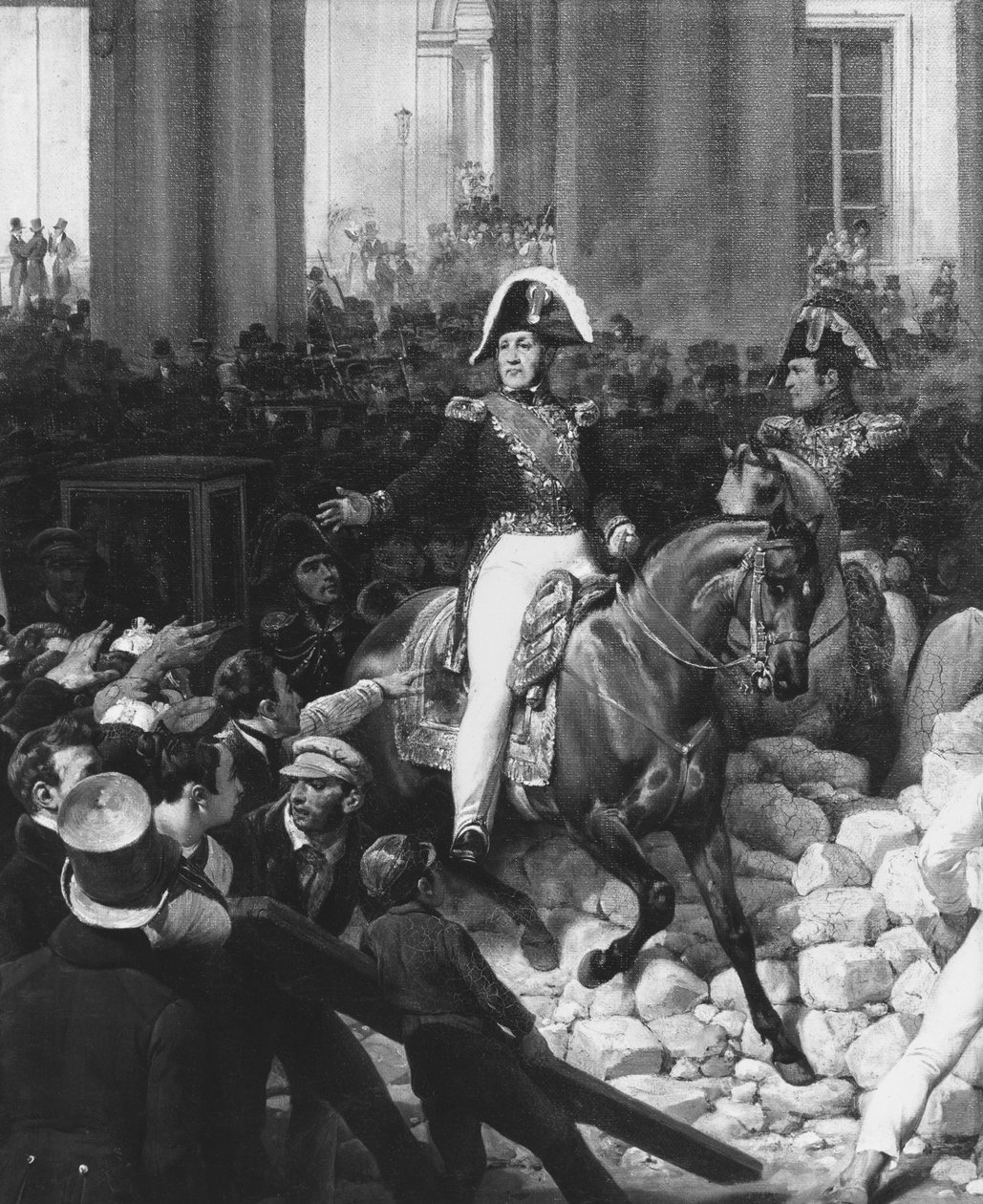 Hertigen av Orleans lämnar Palais-Royal och går till Hotel de Ville den 31 juli 1830, 1832 (uppgift om 141289) av Antoine Charles Horace Vernet