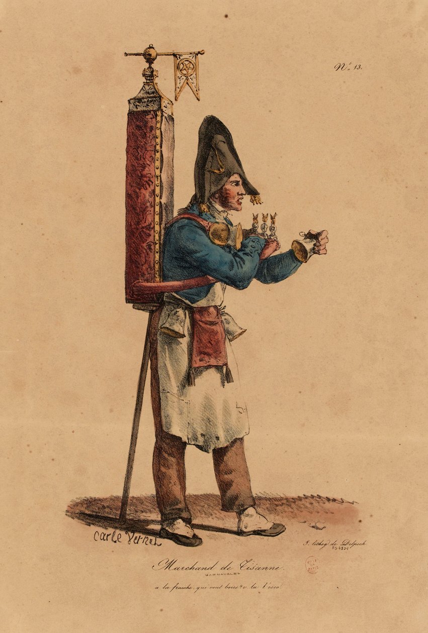 The Tisane Seller, nummer 13 från The Cries of Paris-serien, graverad av Francois Seraphin Delpech (1778-1825) av Antoine Charles Horace Vernet