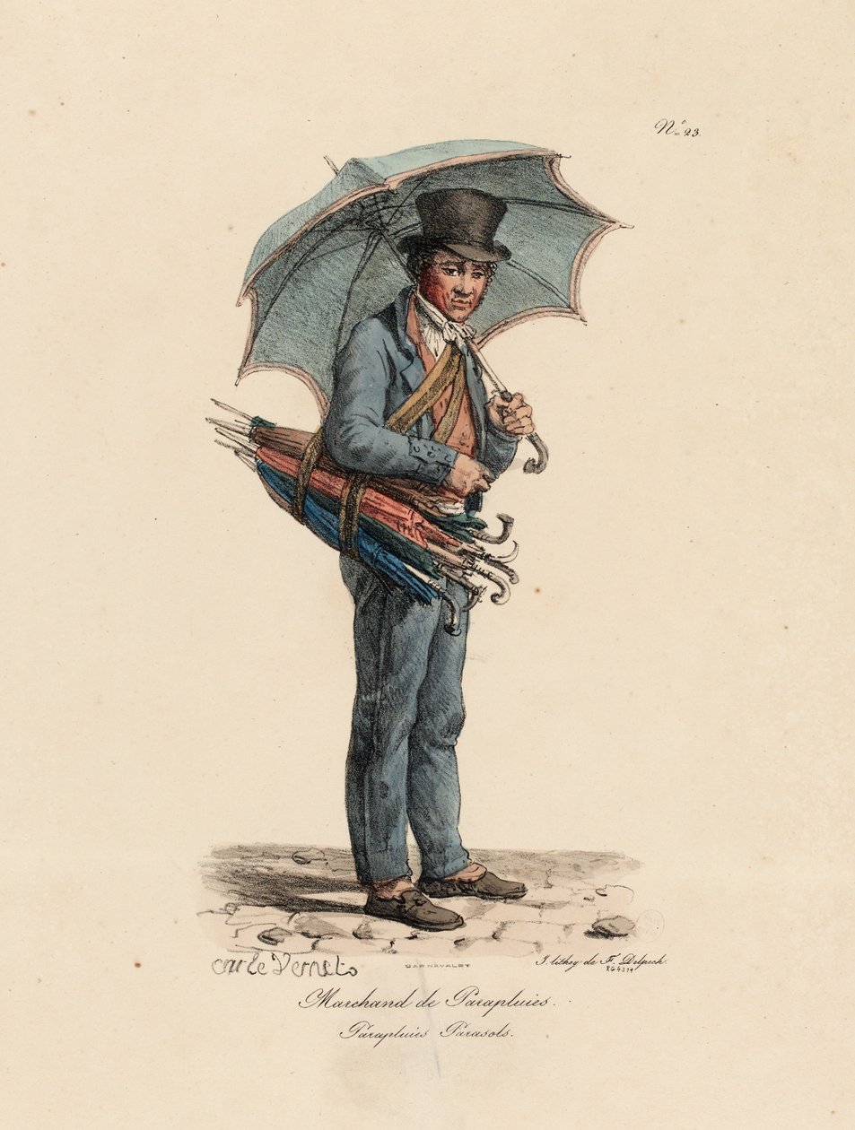 Paraply- och parasollsäljaren, nummer 23 från serien The Cries of Paris, graverad av Francois Seraphin Delpech (1778-1825) av Antoine Charles Horace Vernet