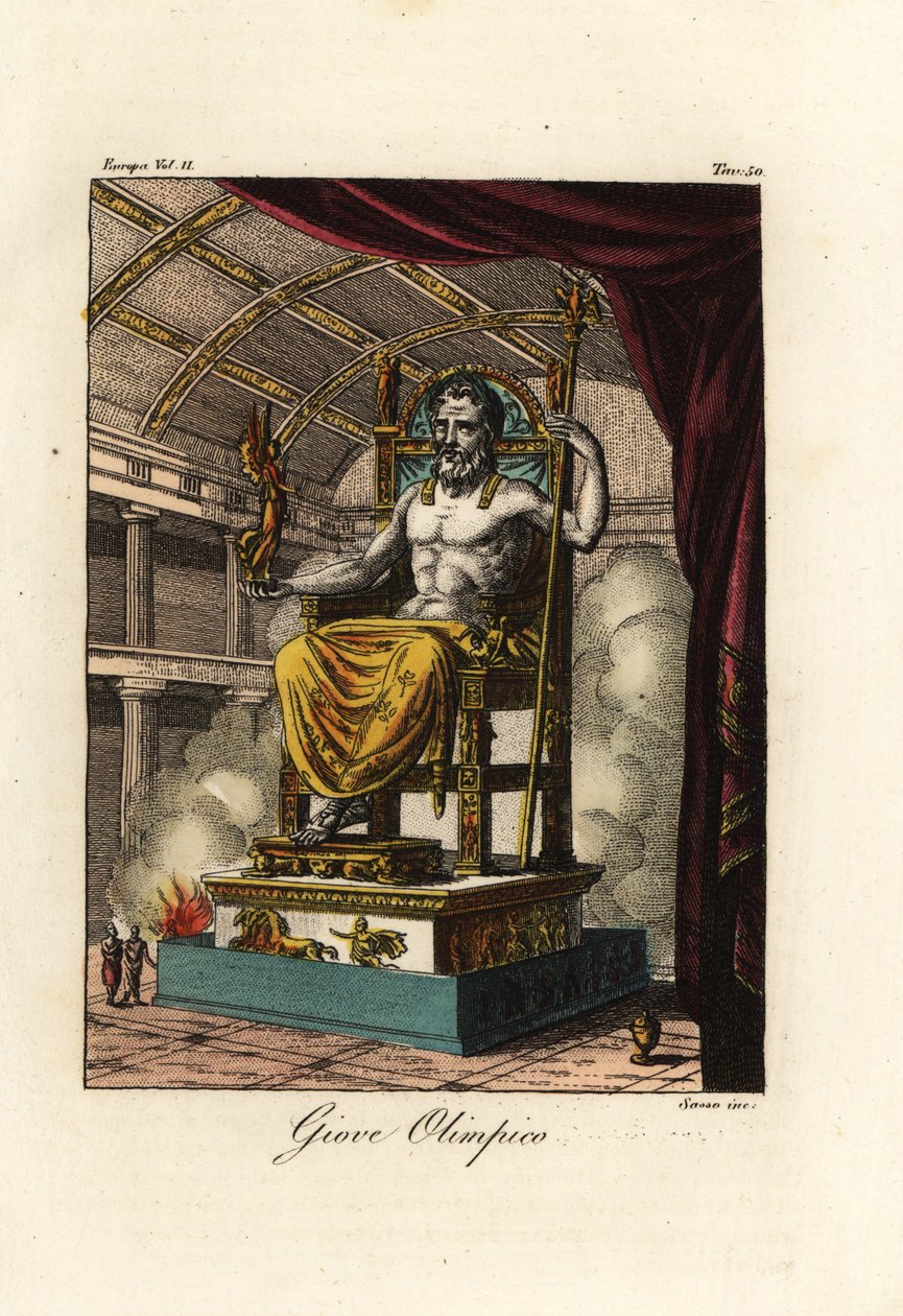 Staty av Zeus eller Jupiter vid Olympia, gigantisk sittande figur av den grekiske skulptören Phidias omkring 435 f.Kr. vid helgedomen Olympia, Grekland av Antoine Chrysostome Quatremère de Quincy