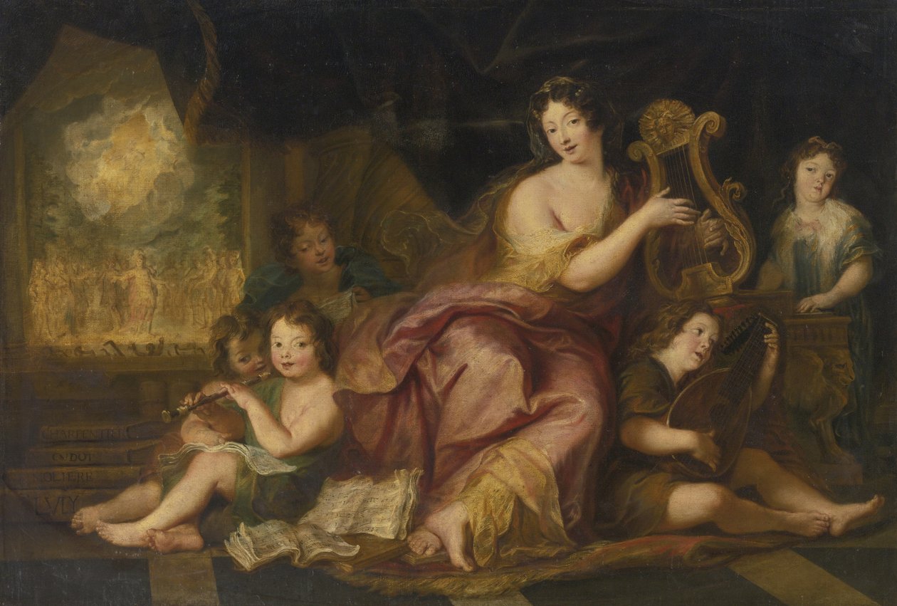Allegori av musik. Porträtt av Madame de Maintenon 1635-1719, med Ludvig X:s naturliga barn av Antoine Coypel