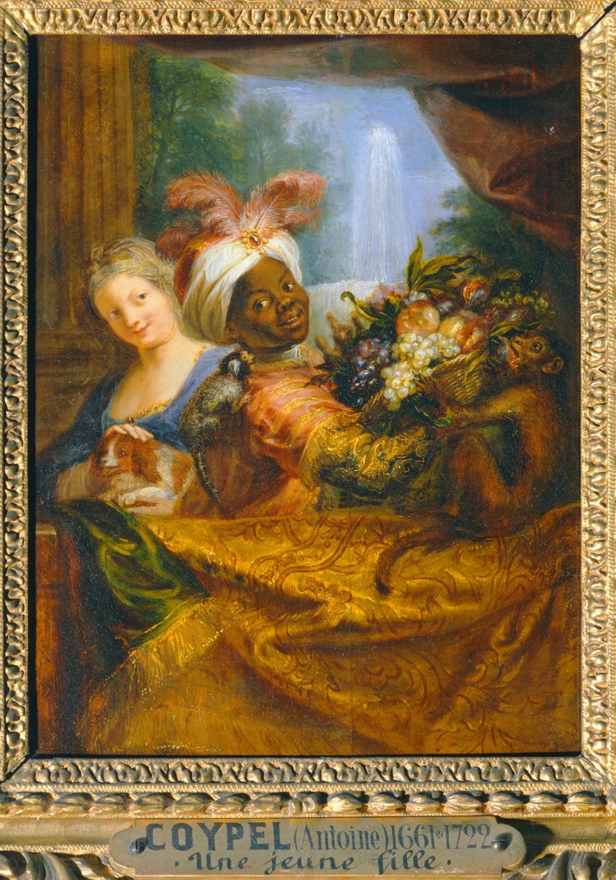 Ung svart flicka som håller en fruktkorg och ung flicka som smeker en hund - Jeune noir tenant une corbeille de fruits et jeune fille caressant un chien ... av Antoine Coypel