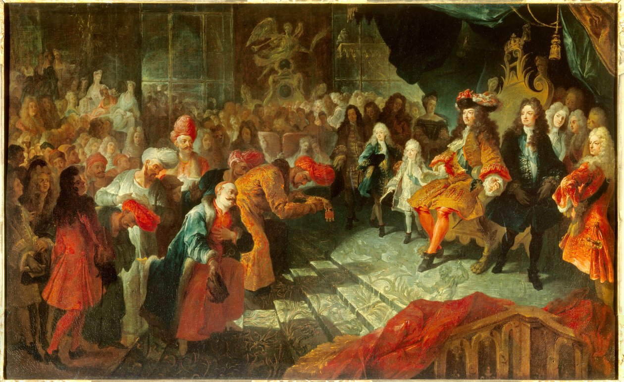 Kung Ludvig XIV (1638-1715) tar emot Persiens extraordinära ambassadör Mehemet Reza Bey (Raza-Bey) i glassgalleriet i Versailles den 19/02/1715 Målning tillskriven Antoine Coypel (1661-1722) sön. 0,7x1,5 m av Antoine Coypel