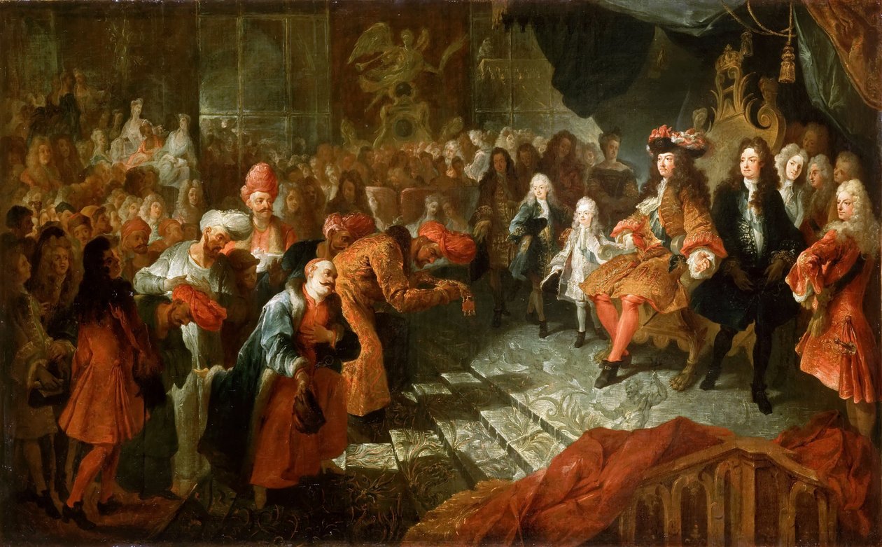 Ludvig XIV tar emot den persiske ambassadören i Galerie des Glaces i Versailles, 19 februari 17 av Antoine Coypel