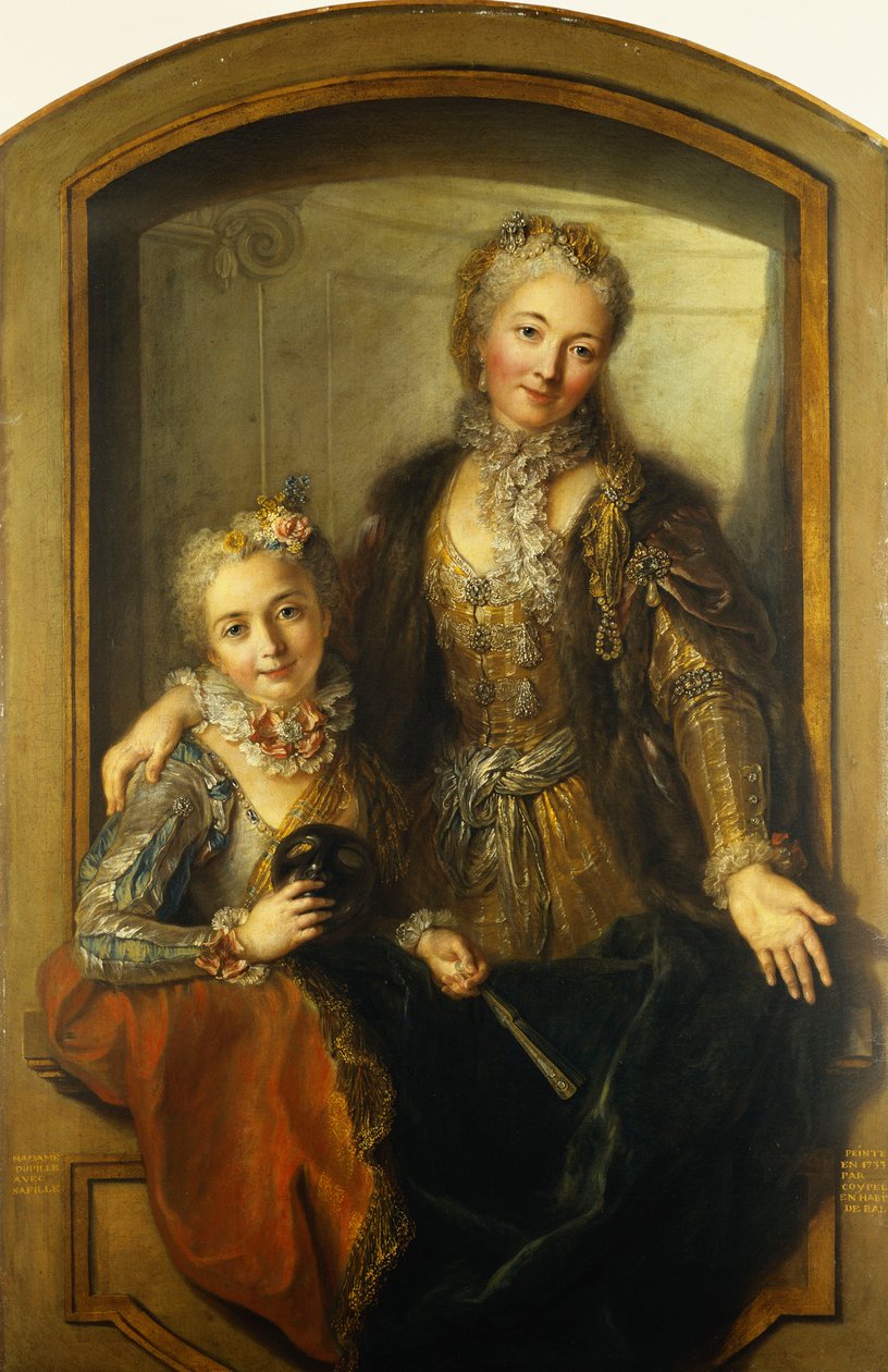 Porträtt av Madame Dupille och hennes dotter, i mitten av kroppen, klädd i balklänningar i ett fönster, 1733 av Antoine Coypel