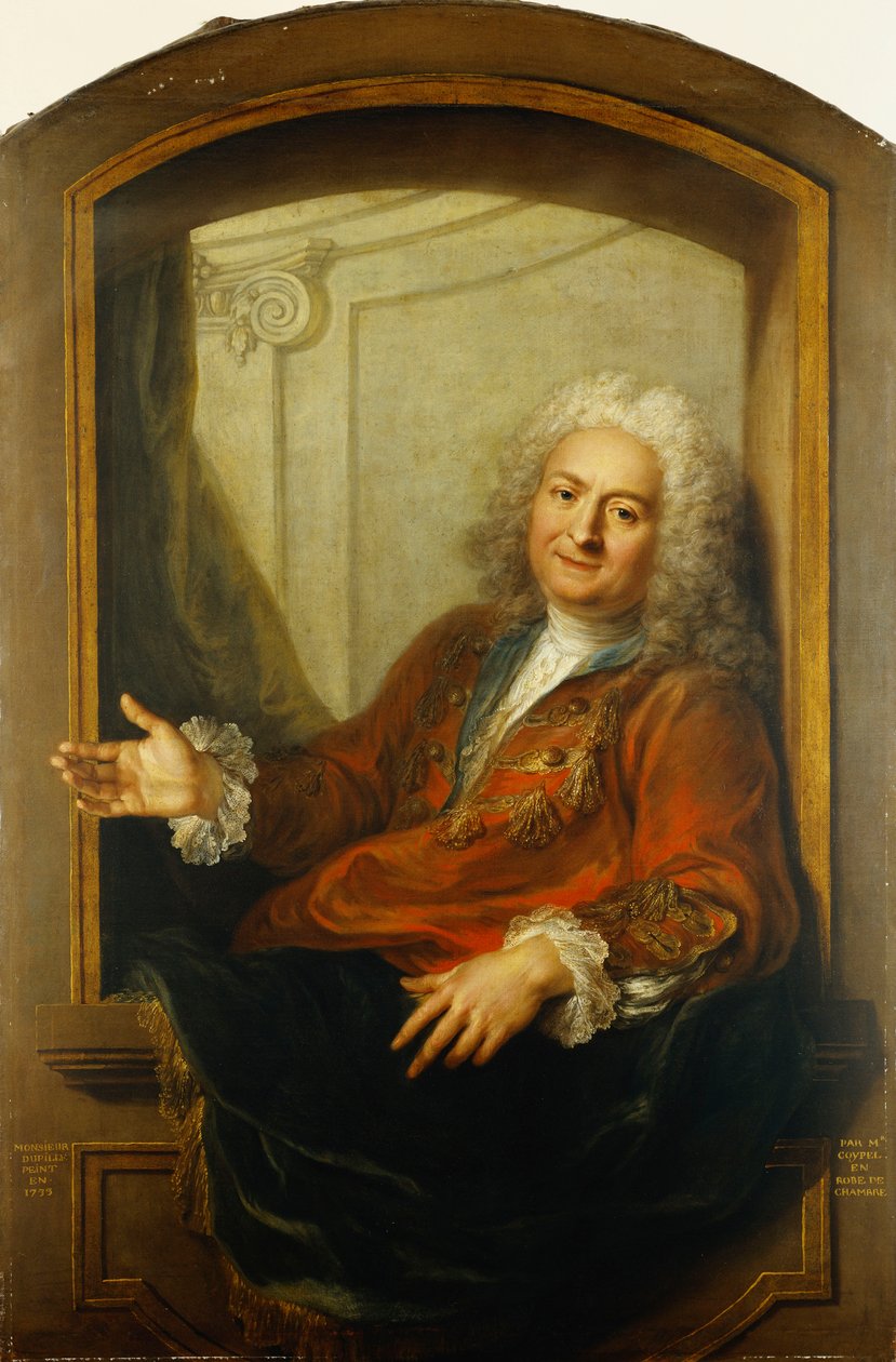 Porträtt av Monsieur Dupille, i mitten av kroppen, i en mantel som sitter på kanten av ett fönster, 1733 av Antoine Coypel