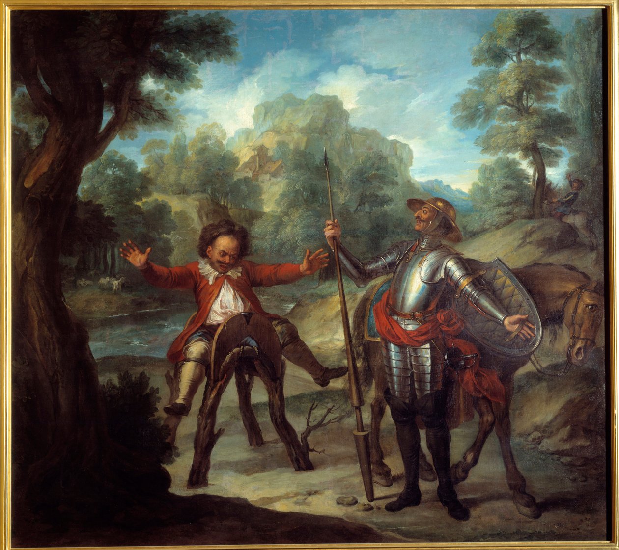 Berättelsen om Don Quijote: Sancho vaknar och desperat efter att inte hitta sin älskade Grison. "Den geniale gentlemannen Don Quijote från La Mancha" av Miguel de Cervantes Saavedra (1547-1616). Målning av Charles Antoine Coypel (1694-1752) av Antoine Coypel