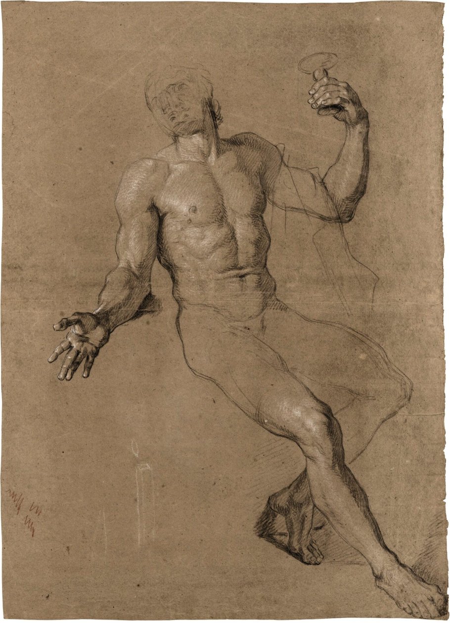 Studie av en sittande naken man, för Bacchus av Antoine Coypel