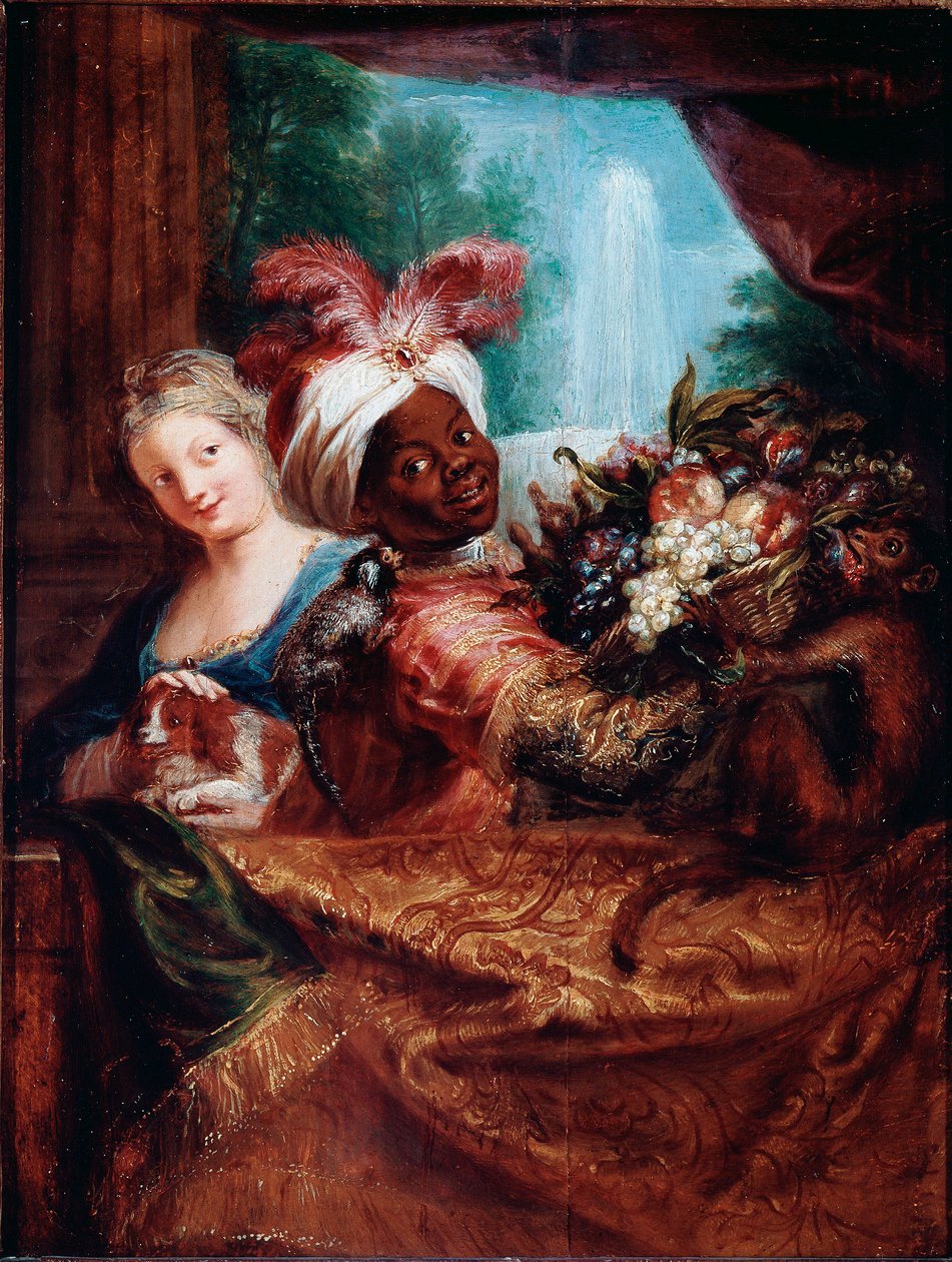 Ung flicka som smeker en hund och svart tjänare presenterar en fruktkorg En liten apa ligger på hennes axel. Målning av Antoine Coypel (1661-1722) Sön. 28x21,5 cm Paris, Louvren av Antoine Coypel