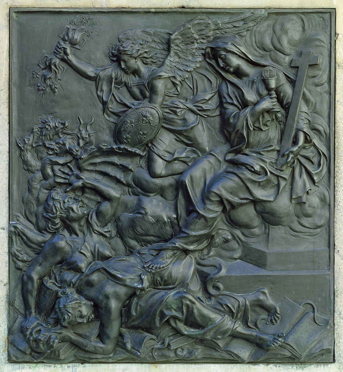 Frankrikes ängel som utvisar kättarna, detalj från piedestalen på en staty av Ludvig XIV, ca 1687 (brons) av Antoine Coysevox