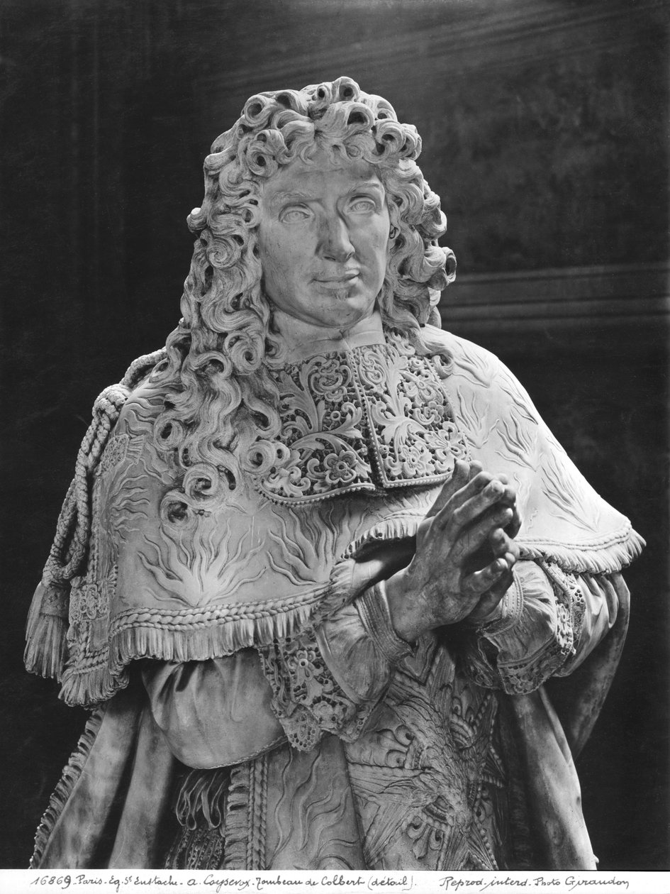 Jean-Baptiste Colbert de Torcys grav 1619-83, detalj av Colbert, ca 1685-1687 marmor och förgylld brons se även 248118, 248119, 248120, 252767, 252769 bw foto av Antoine Coysevox