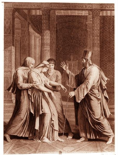 Ester inför Assuerus, illustration från Esther av Jean Racine (1639-99), graverad av Mathieu (gravyr) (svart/vitt foto) av Antoine Denis (after) Chaudet