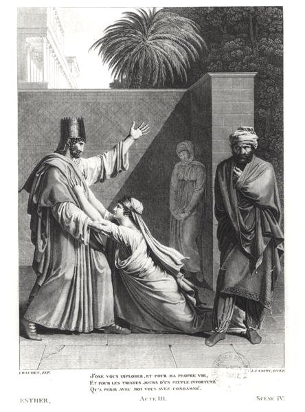 Esther bönfaller Assuerus i närvaro av Aman, illustration från Esther av Jean Racine (1639-99) graverad av J.J. Coiny (1761-1809) av Antoine Denis Chaudet