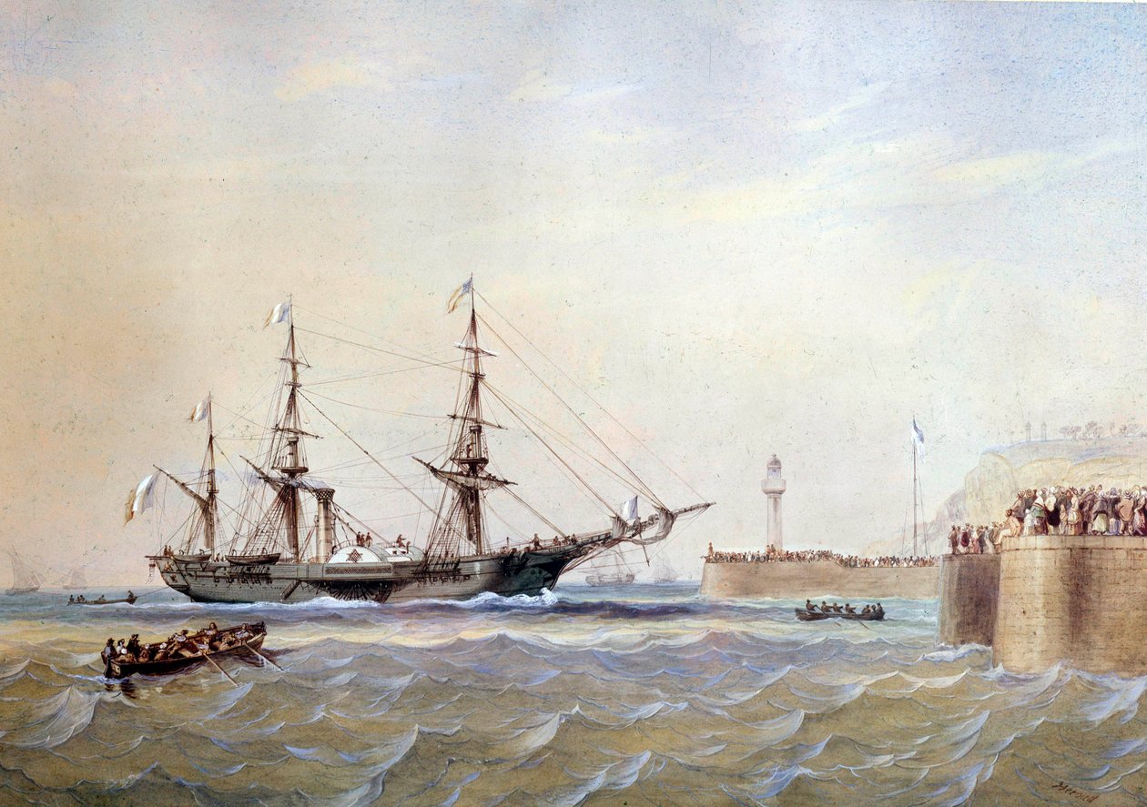Hjulfartyg som återvänder till hamnen i Le Havre på 1800-talet Akvarell av Antoine Desire Heroult (1802-1853) 1800-talets Paris, Musee de la Marine av Antoine Desire Heroult