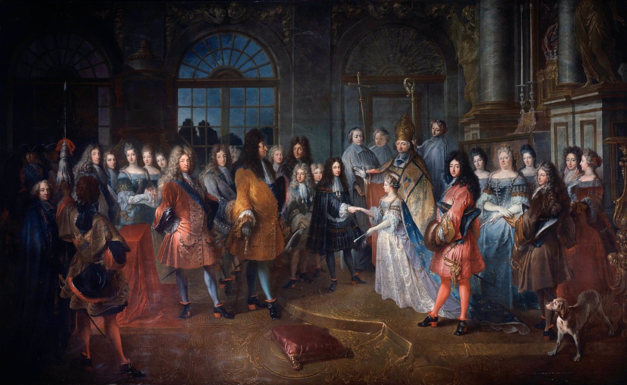 Vigsel mellan Louis de France, hertigen av Bourgogne och Marie Adelaide av Savojen den 7/12/1697. Ceremonin äger rum i närvaro av kung Ludvig XIV (1638-1715) i centrum. De unga som gifter sig välsignas av kardinal de Coislin. Målning av Antoine Dieu (166 av Antoine Dieu