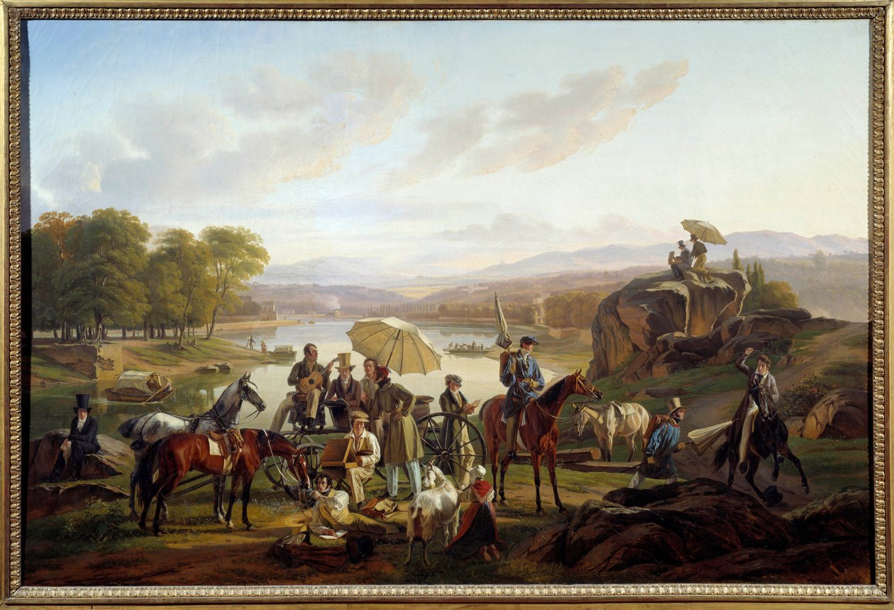 Stopp för Lyon-artister på Barbe Island i Lyon Målare och musiker vilar under en ridtur. Målning av Antoine Duclaux (1783-1868) 1824 Sön. 0,86x1,31 m Lyon, Musee des Beaux Arts av Antoine Duclaux