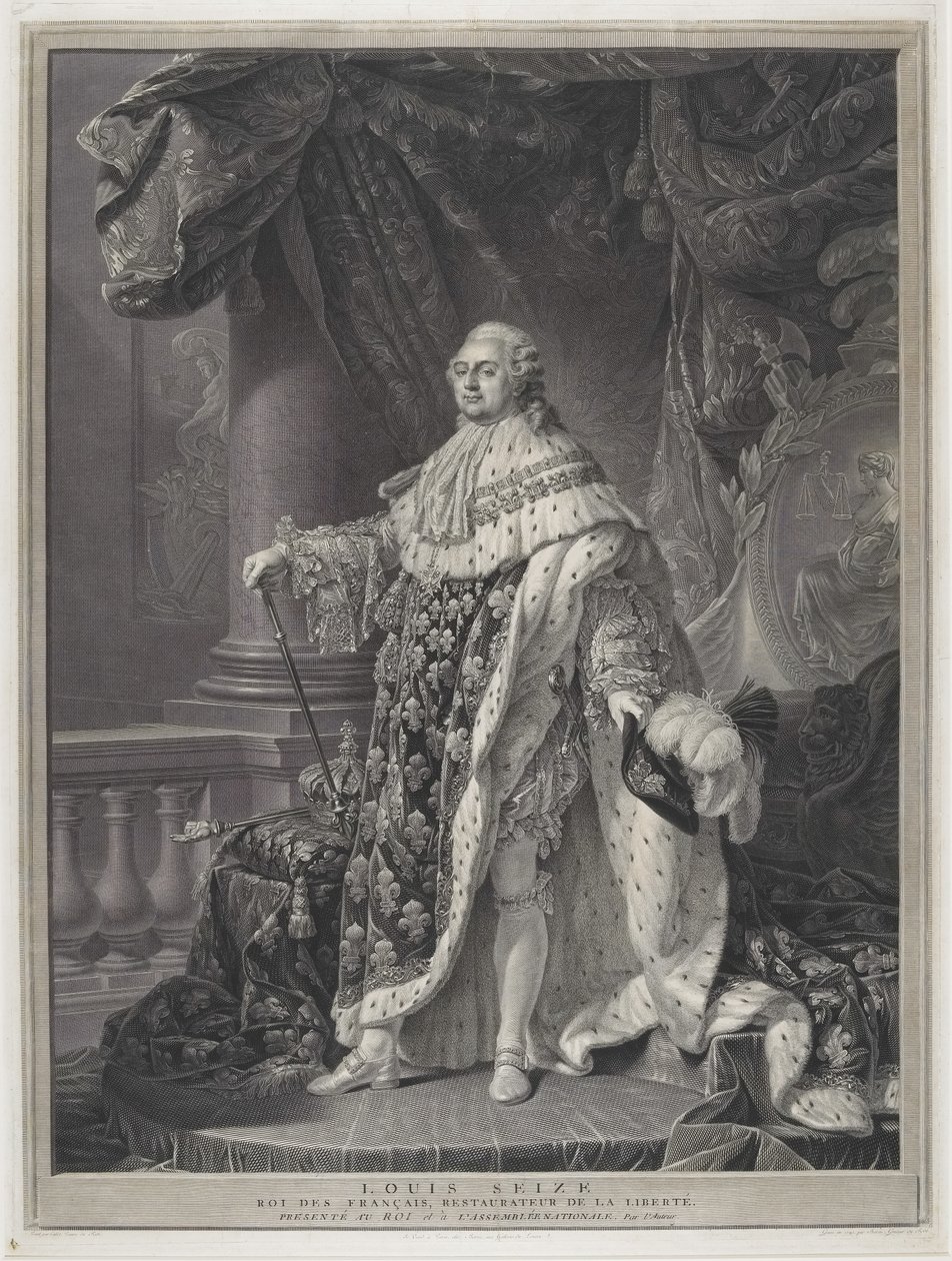 Le Sacre - Porträtt av kung Ludvig XVI i Kröningsregalier, graverad av Charles-Clément Bervic (1756-1822) av Antoine Francois (after) Callet