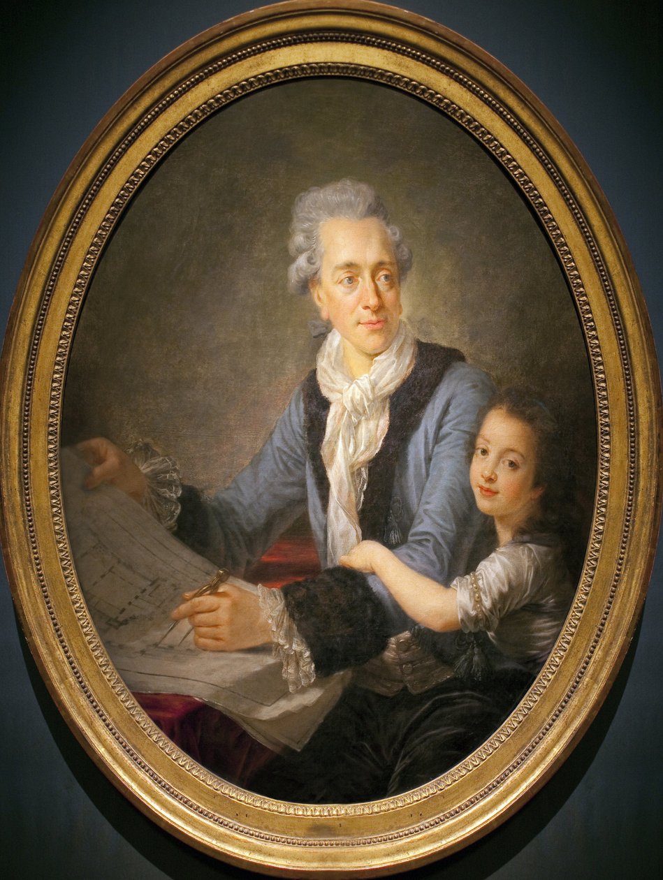 Porträtt av Claude Nicolas Ledoux (1736-1806), med sin dotter Adelaide. (Ledoux innehar planerna för huset till chefen för industristaden Arc et Senans (Franche Comte), det ambitiösa programmet för denna idealiska stad, som förblev ofullbordat, av Antoine François Callet