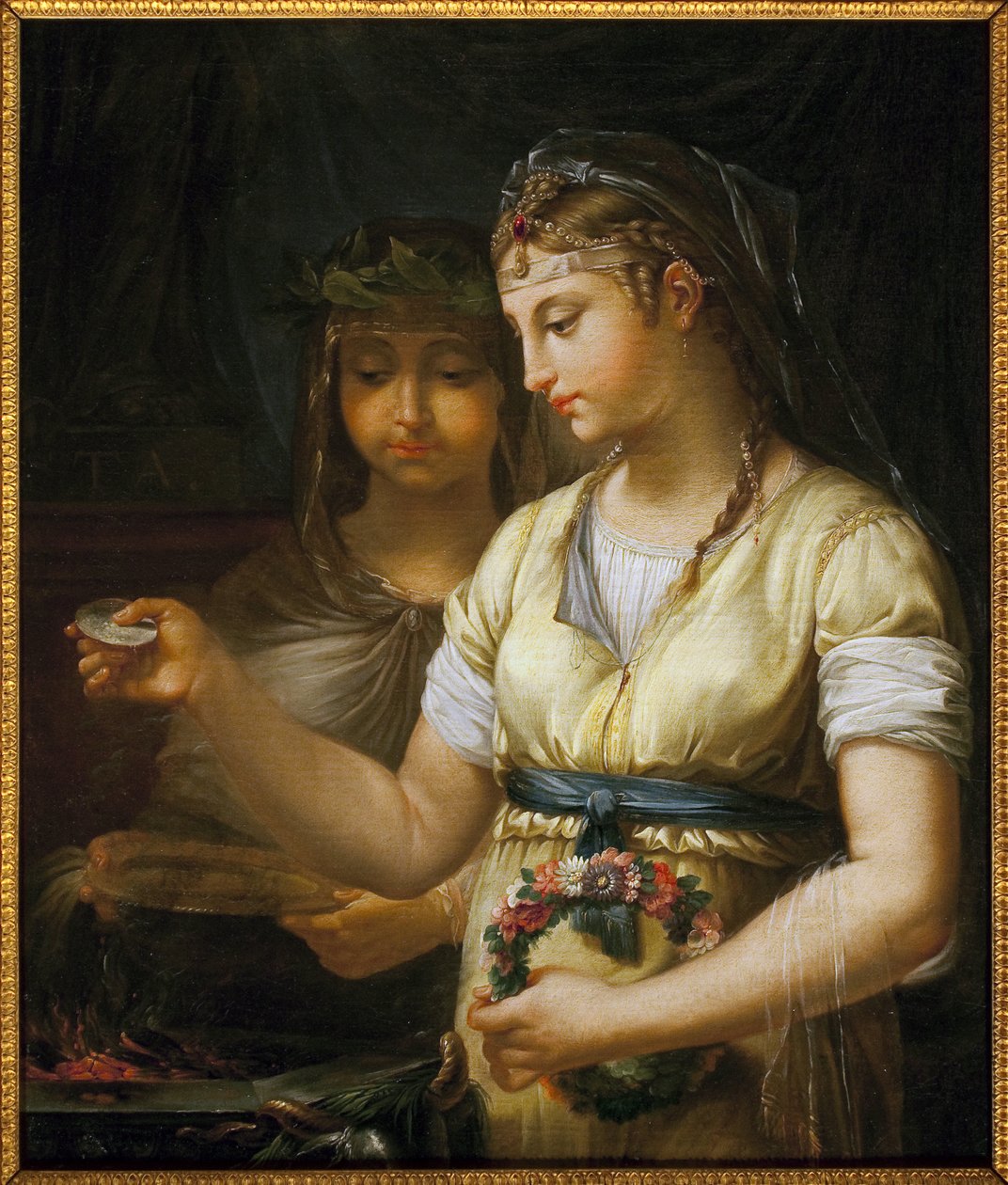Två vestaler förbereder ett offer. Målning av Antoine Francois (Antoine-Francois) Callet (1741-1823), olja på duk av Antoine François Callet