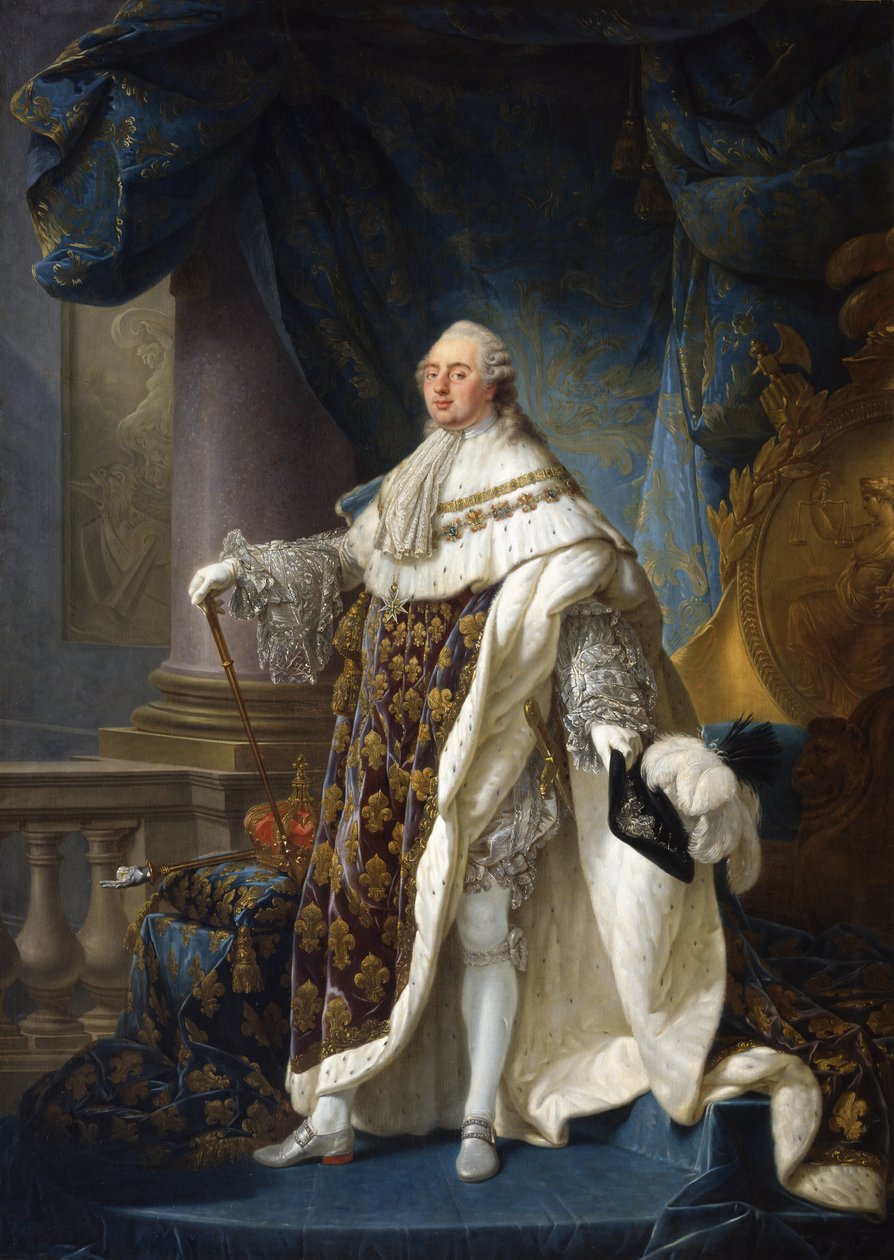 Franska: Louis XVI, roi de France et de Navarre, revêtu du grand costume royal en 1779 Louis XVI, kung av Frankrike och Navarra, iförd sin stora kungliga dräkt 1779 av Antoine François Callet