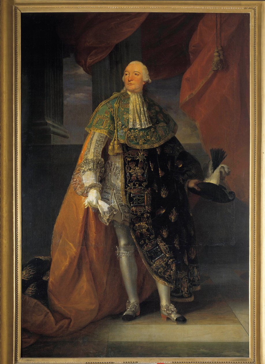 Hellängdsporträtt av Louis Philippe II Joseph, hertig av Orleans (1747-1793) känd som Philippe Egalite i helklänning av den Helige Andes Orden (Den Helige Andes Orden) Målning av Antoine Francois (Antoine-Francois) Callet ( 1741-1823) av Antoine François Callet