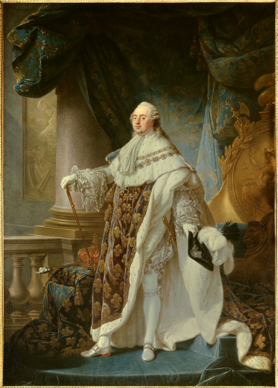 Portrait en pied du roi de France Louis XVI (1754-1793), iklädd den stora kungliga dräkten 1779 Målning av Antoine Francois (Antoine-Francois) Callet (1741-1823) 1779 Dim. 2,7x1,89 m - - Porträtt av kungen av Frankrike Ludvig XVI (1754-1793) i hans kröning av Antoine François Callet