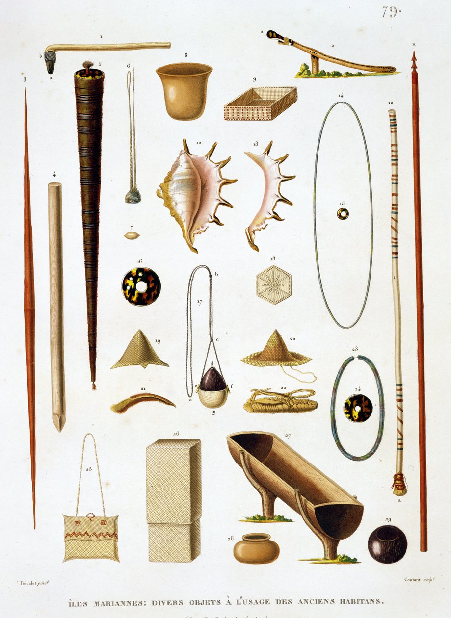 Hushållsredskap och vapen från Mariannasöarna, från Voyage autour du Monde (1817-20), av Louis Claude Desaulses de Freycinet (1779-1842), graverad av Jean Louis Denis Coutant (1776-1831), s av Antoine Germain Bevalet