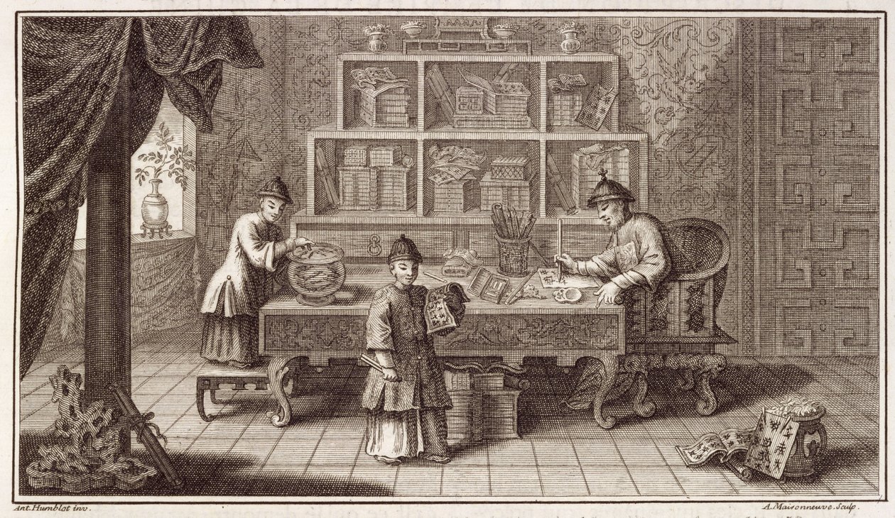En kinesisk kalligrafibutik, från en redogörelse för den holländska ambassaden i Kina, graverad av A. Maisonneuve, ca 1670-talet av Antoine Humblot