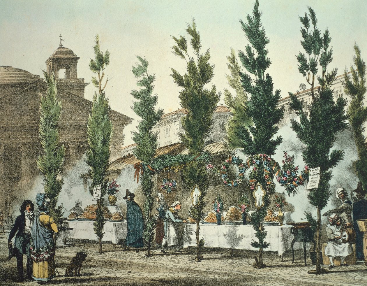 Italien, Rom, Pantheon gatumatförsäljare av Antoine Jean-Baptiste Thomas, tryck av Antoine Jean Baptiste Thomas