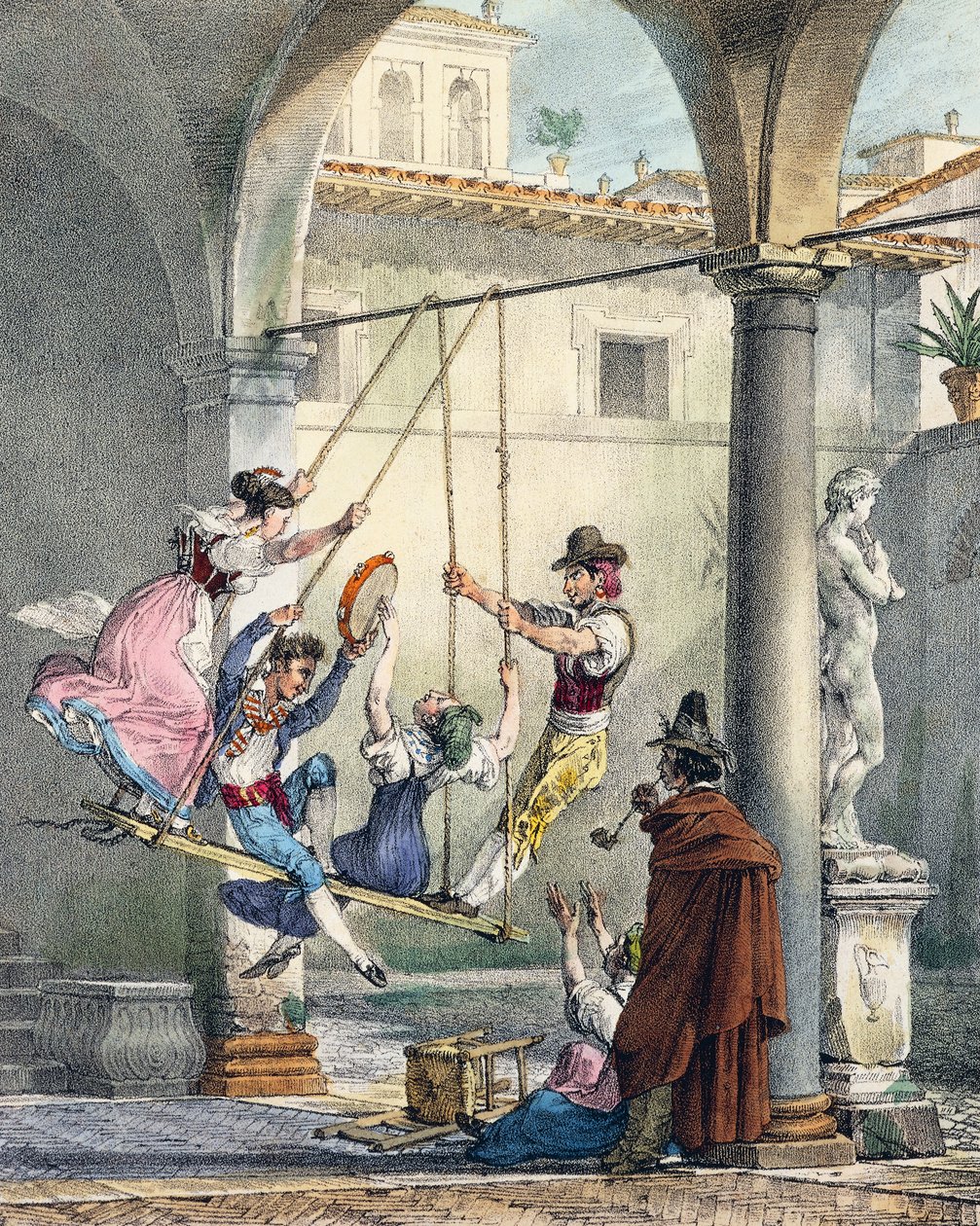 Swing, gravyr av Antoine Jean-Baptiste Thomas (1791-1834) från Un an a Rome et dans ses environs (Ett år i Rom och i dess omgivningar), Frankrike av Antoine Jean Baptiste Thomas