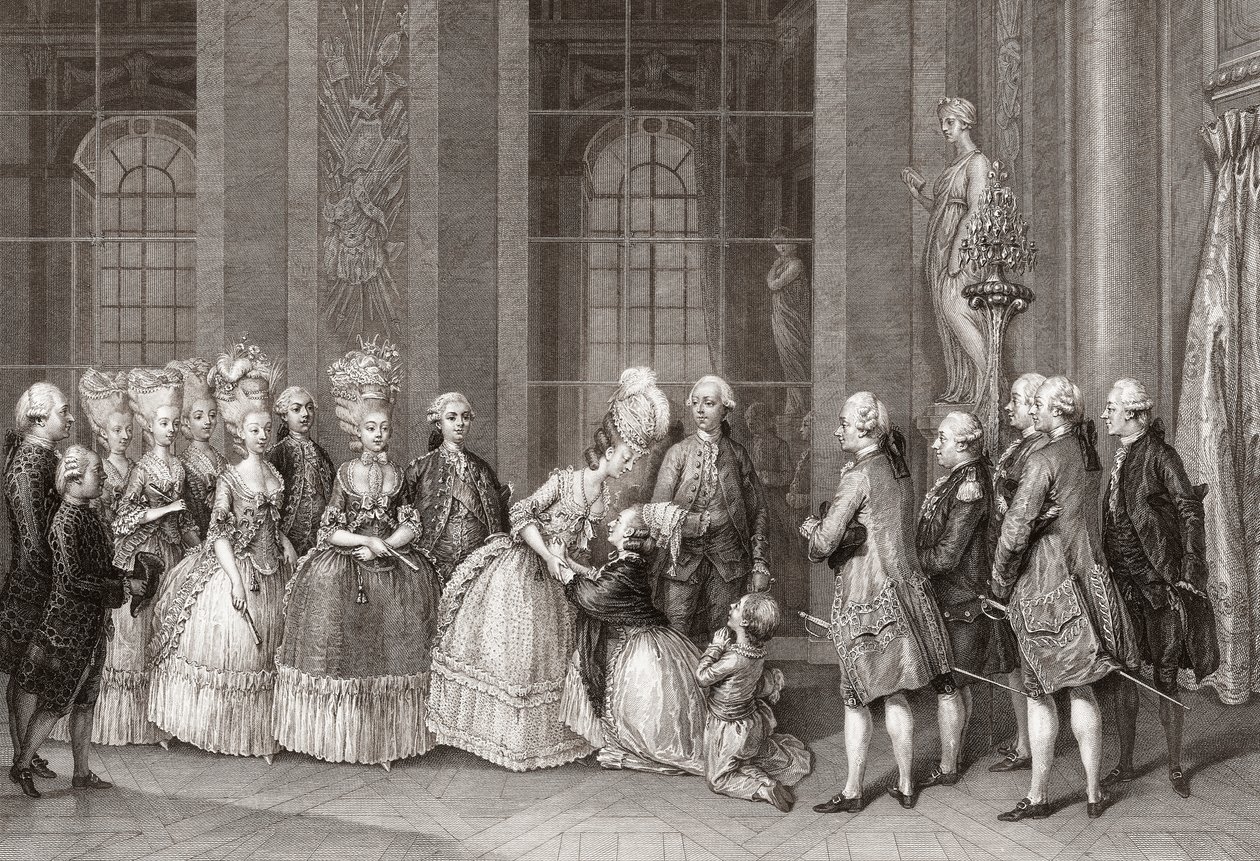 Marie Antoinette besöktes av familjen Bellegarde. (skriva ut) av Antoine Jean Duclos