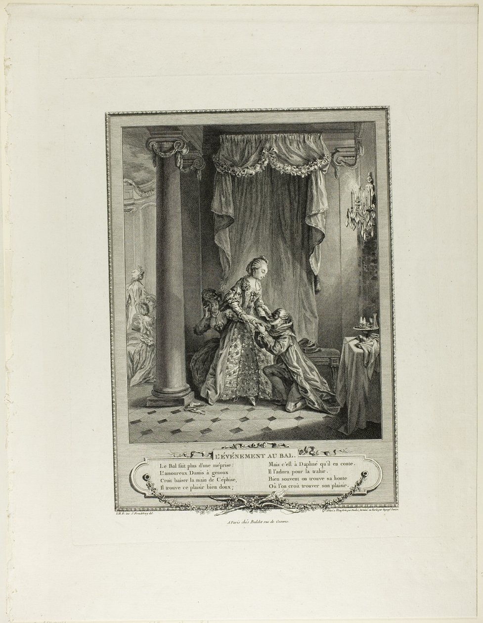 Händelsen på balen, från Monument du Costume Physique et Moral de la fin du Dix-huitième siècle av Antoine Jean Duclos