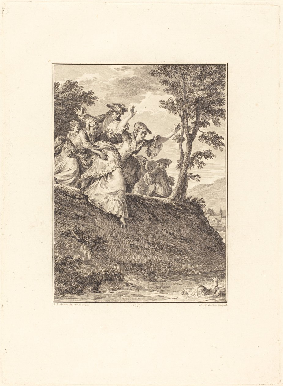 Hon rusar efter honom av Antoine Jean Duclos after Jean Michel Moreau