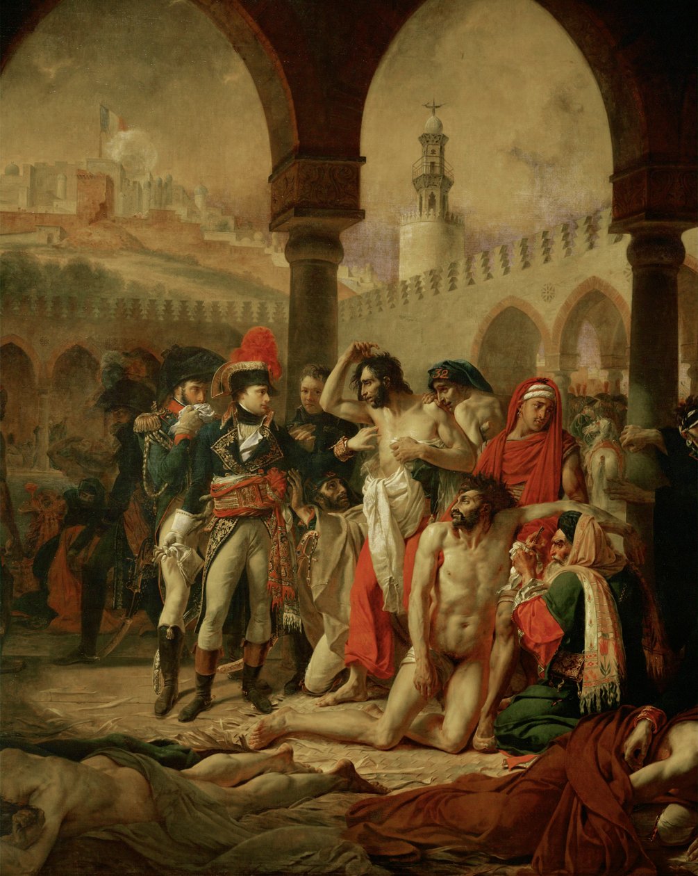 Kejsar Napoleon I Bonaparte besöker de pestsmittade i Jaffa, följd av sina generaler Berthier och Bessieres... av Antoine Jean Gros
