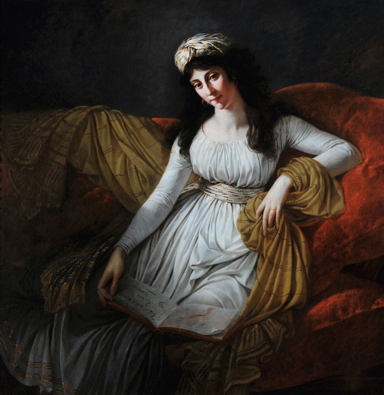 Porträtt av Madame Fravega (inskription på boken "In qual barbaro momento recitativo av D. Cimarosa") (olja på duk) av Antoine Jean Gros