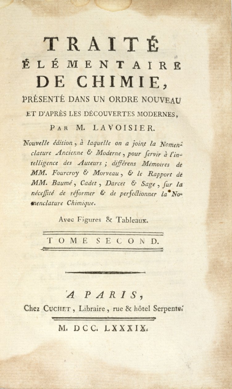 Titelsida för Traite Elementaire de Chimie, Tome II, publicerad i Paris, 1789 (tryck) av Antoine Laurent de Lavoisier
