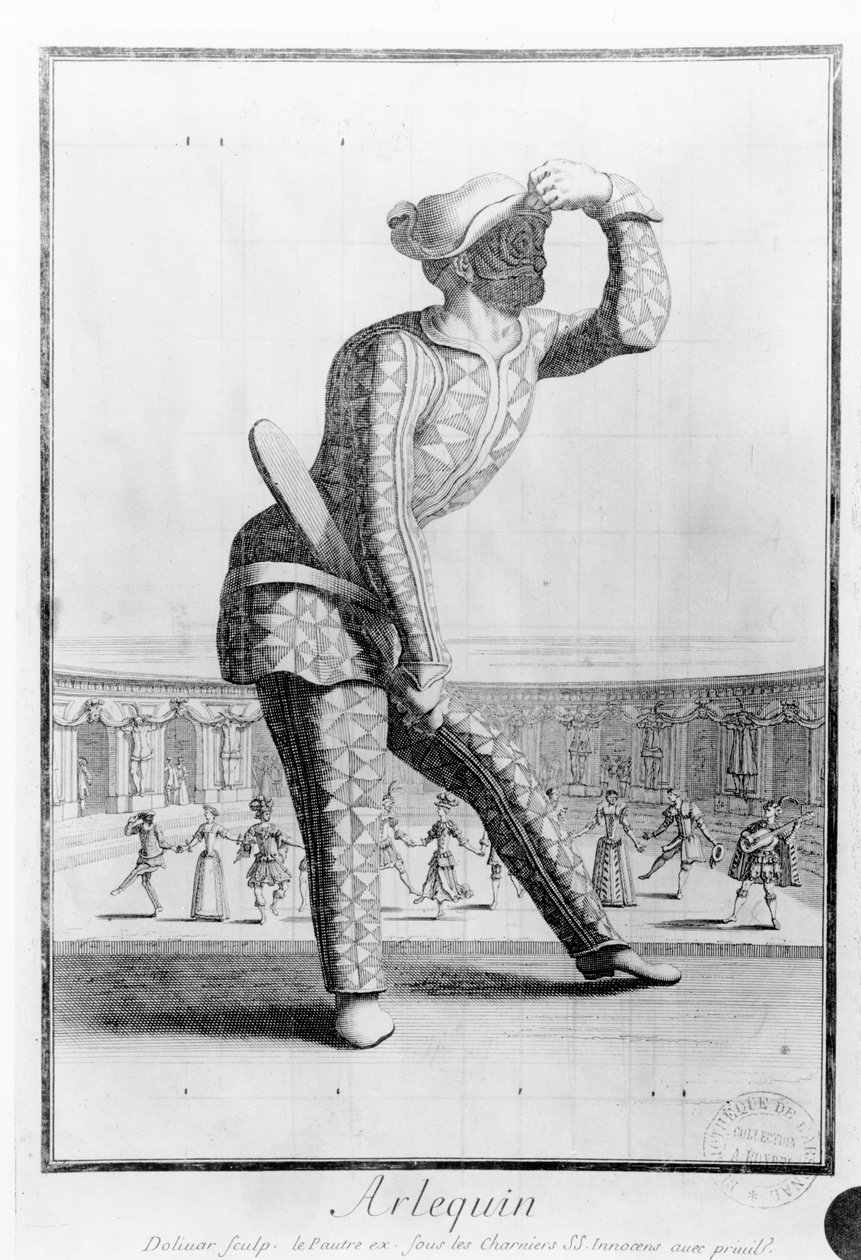 Harlekin, graveret af Juan Dolivar (1641-92) swed av Antoine Le Pautre