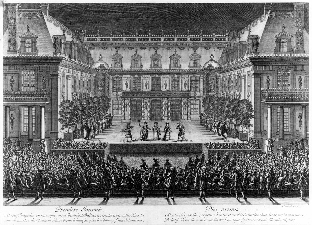 Representation, på marmorgården till slottet i Versailles, av "Alceste" av Jean Baptiste Lully (Giovanni Battista Lulli) (1632-1687) för firandet som hölls i samband med återupplivandet av Franche Comte (1674). Gravyr av Le Pautre (16 av Antoine Le Pautre