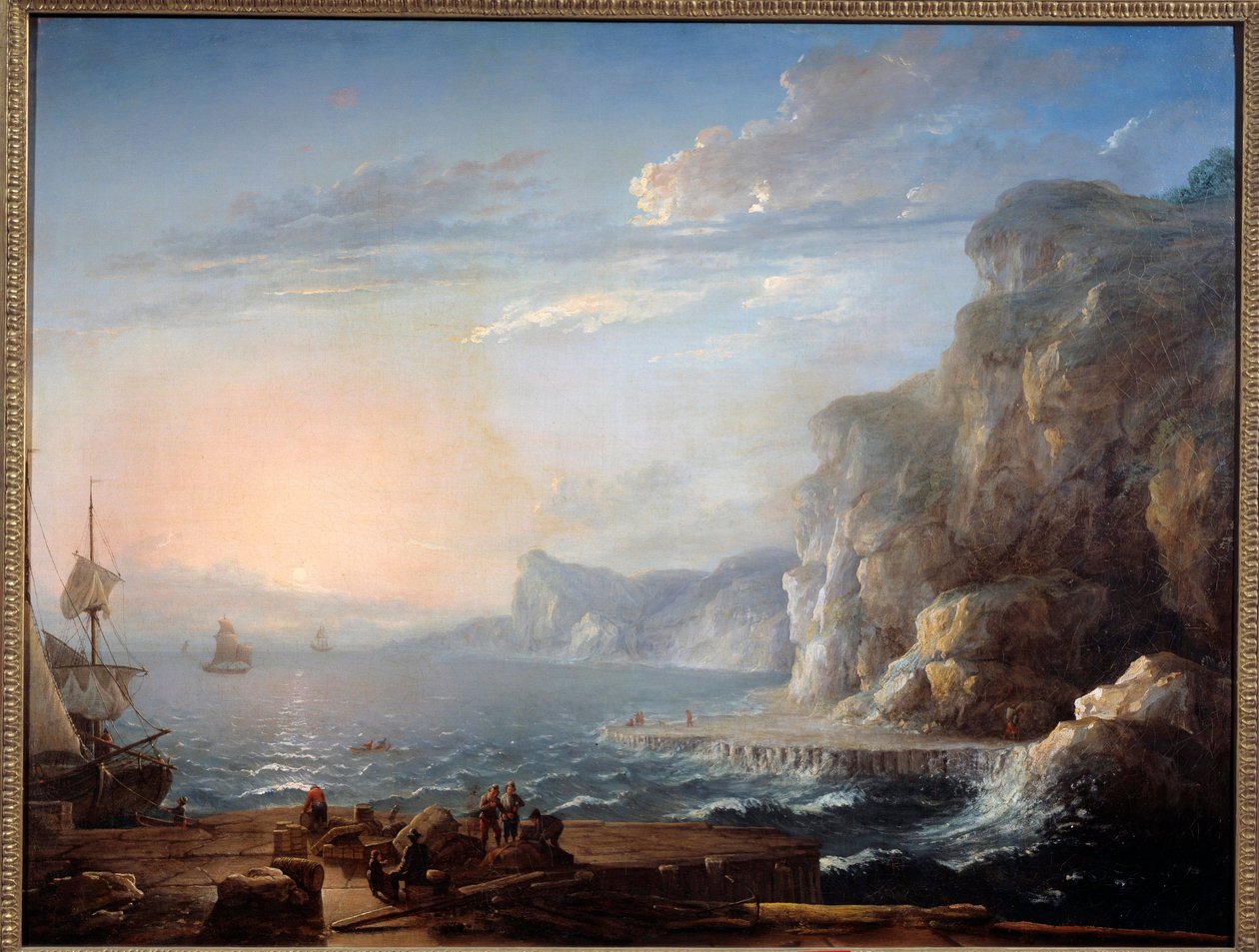 Solnedgång Ett landskap av klippor och klippor på havet, med fiskare i förgrunden. Målning av Antoine Lebel (1705-1793) 1700-talets sön. 0,9x1,16 m Rouen, musee des Beaux Arts av Antoine Lebel