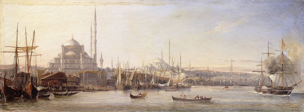 Det gyllene hornet med Suleimaniye och trosmoskéerna, Konstantinopel av Antoine Leon Morel Fatio