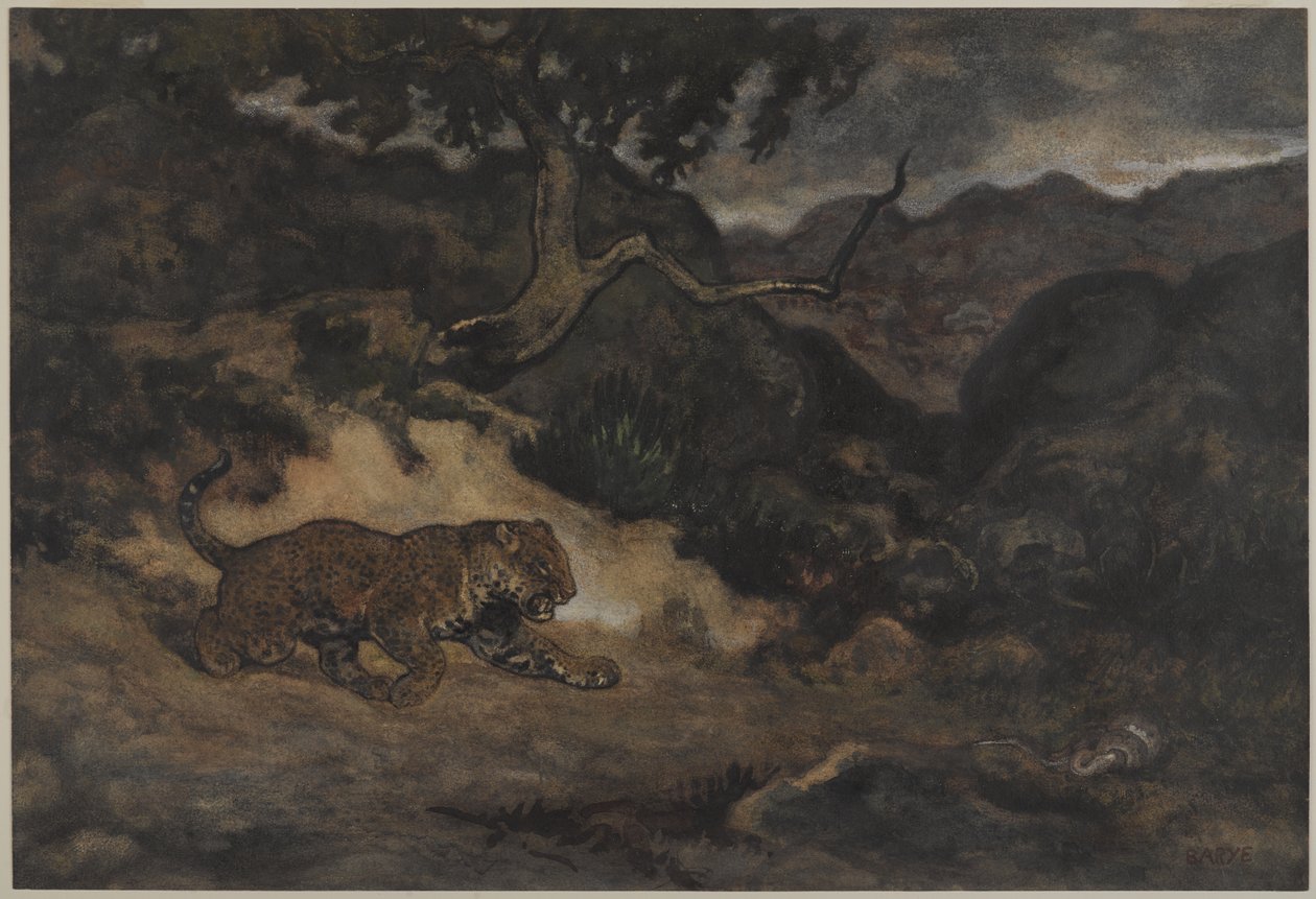 Jaguar Discovering a Snake, ca 1840 (wc på papper) av Antoine Louis Barye