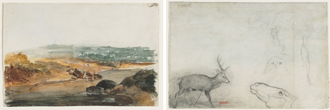 Landskap (rekto); Studier av djur (verso) av Antoine Louis Barye