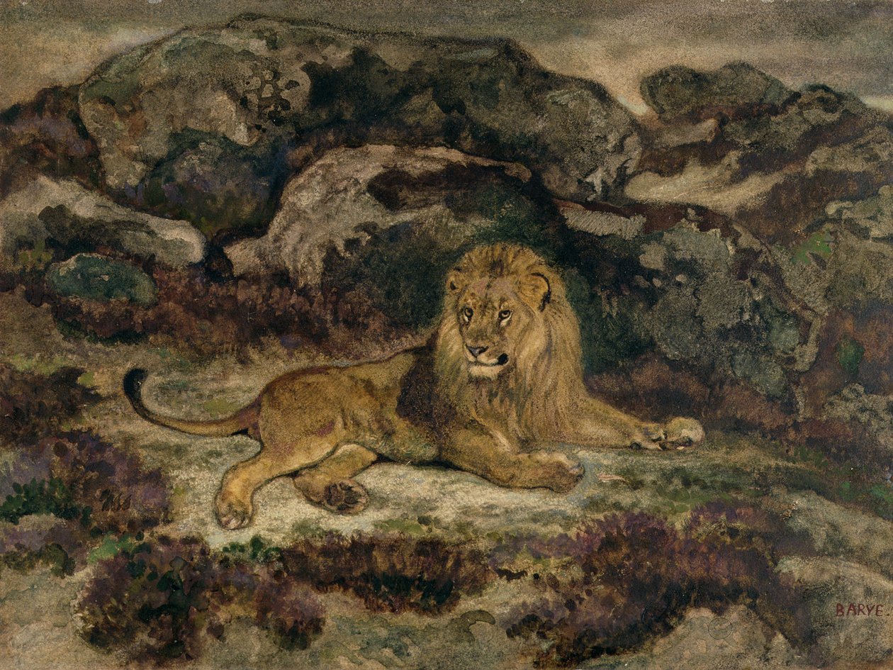 Lion Reclining (wc på papper) av Antoine Louis Barye