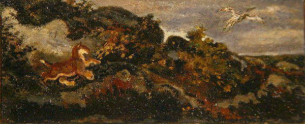 Panther Chasing a Stork (olja på papper monterad på masonit) av Antoine Louis Barye