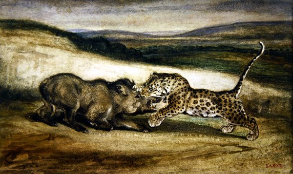 Panter som slåss mot ett vildsvin (akvarell) av Antoine Louis Barye