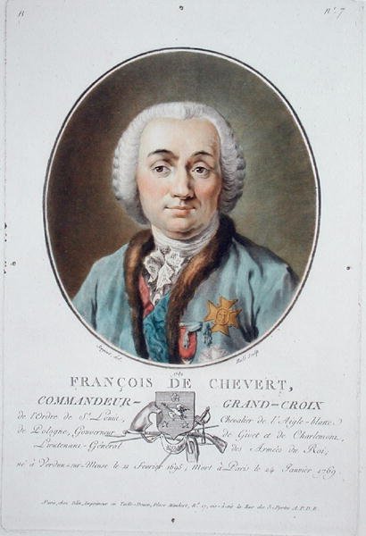 Francois de Chevert (1695-1769) från "Porträtt av stora män, berömda kvinnor och minnesvärda ämnen i Frankrike", graverad av Ride, publicerad 1787-92 (färg litho) av Antoine Louis Francois (after) Sergent Marceau