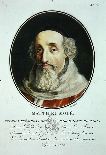 Matthieu Mole, från "Porträtt av stora män, berömda kvinnor och minnesvärda ämnen i Frankrike, graverade och tryckta i färg", utgiven av Pierre Blin av Antoine Louis Francois (after) Sergent Marceau